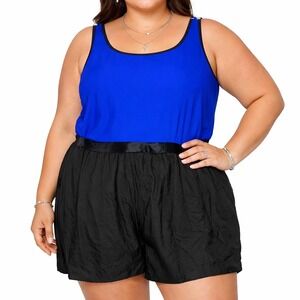 Christina Swimsuit Romper One Piece Tank Shorts Two Tone Black Blue Plus Size 30